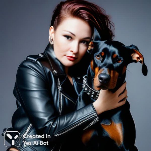 Девушка в кожаной куртке и доберман: стиль и дерзость на фото. Нейросеть Stable Diffusion