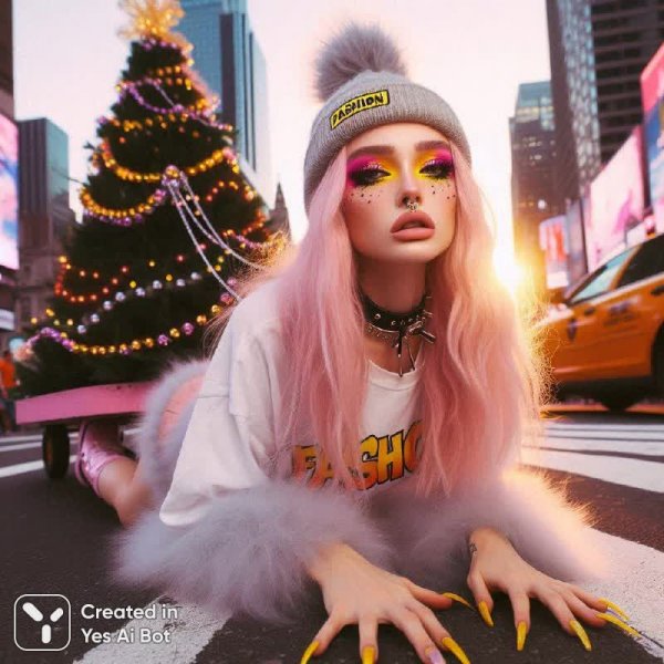 Розоволосая девушка на Таймс-сквер: киберпанк и новогоднее безумие. Картинка из нейронной сети Dalle-3