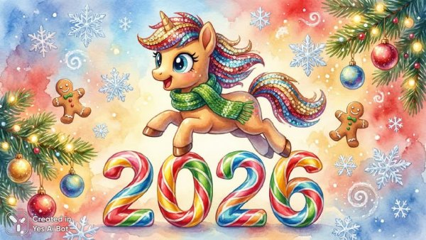 Веселый скакун в зеленом шарфе встречает 2026 год в мире сладостей и снежинок. Генерация из нейронной сети Nano-Banana