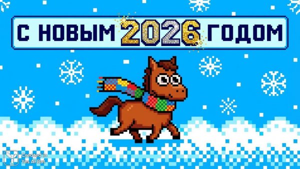 Новогодний жеребенок в пиксельном стиле: волшебство и уют зимнего праздника. Изображение из нейронной сети Nano-Banana