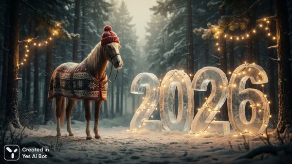 Зимняя сказка: лошадь в стиле ретро и ледяные скульптуры 2026 года. Нейросеть Nano-Banana