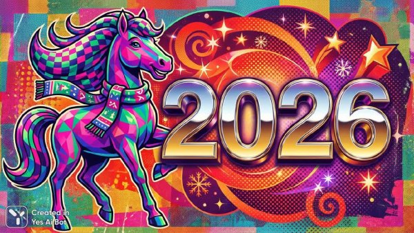 Ретро лошадь в праздничном стиле и футуристические числа 2026. Генерация из нейросети Нано Банана