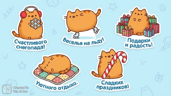 Пять очаровательных зимних котиков Пушин: новогоднее настроение. Нейросеть Nano-Banana