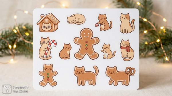 Кошачьи радости: милые стикеры в стиле имбирного пряника и новогодних огней. Изображение из нейронной сети NanoBanana