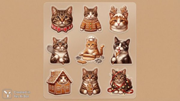 Кошачьи новогодние наклейки: милый минимализм в стиле векторной графики. Нейронная сеть NanoBanana