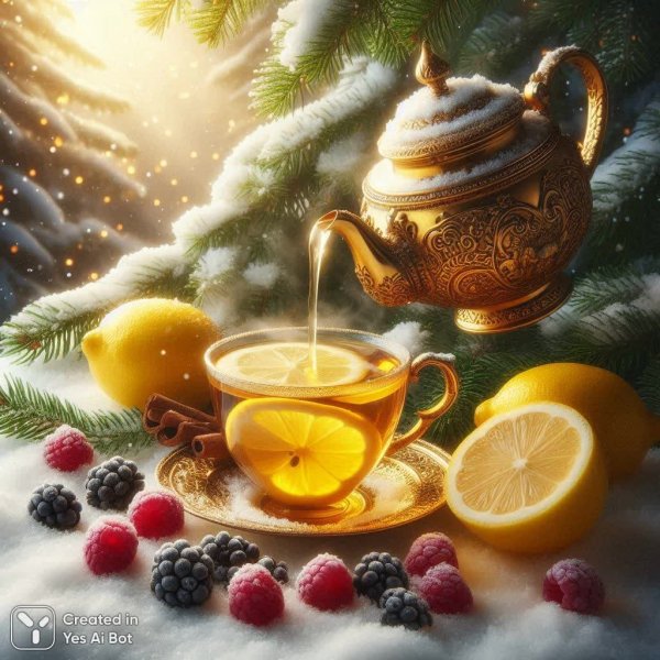 Зимняя сказка: чай с лимоном, малина и уютный вечер. Генерация из нейронной сети Dalle