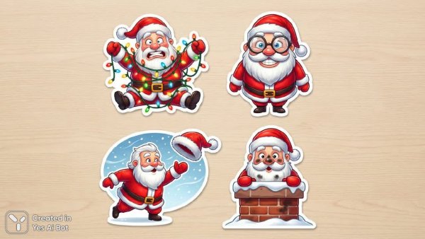 Веселые новогодние стикеры с Сантой: коллекция минималистичных иллюстраций. Нейросеть NanoBanana