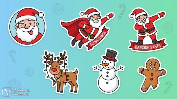 Весёлые рождественские стикеры: минималистичная коллекция с Сантой и забавными позами для дизайна. Нейросеть Нано Банана