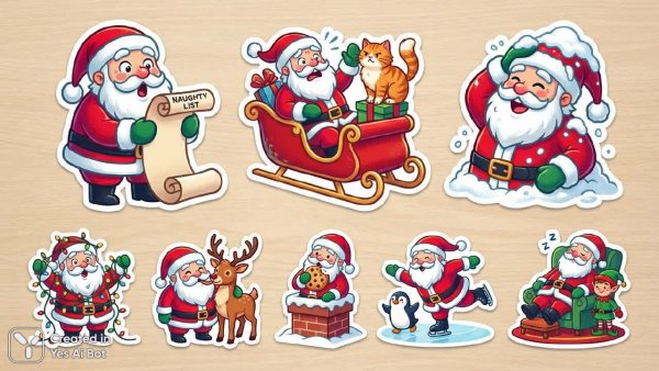 Веселый Санта: коллекция минималистичных стикеров в стиле 2D и векторной графики. Генерация из нейросети Nano Banana