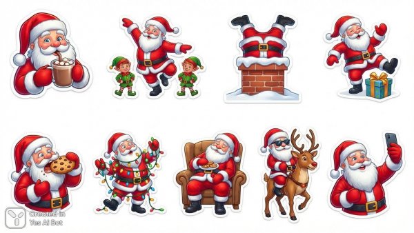 Веселые новогодние стикеры с Сантой в минималистичном стиле. Изображение из нейросети Nano-Banana