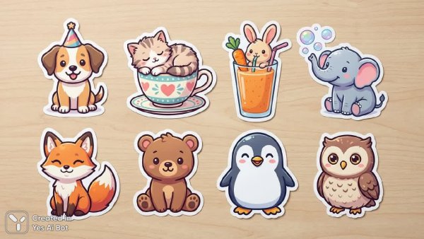 Милые животные: набор стикеров в стиле минимализм и ярких красок. Генерация из нейросети Нано Банана