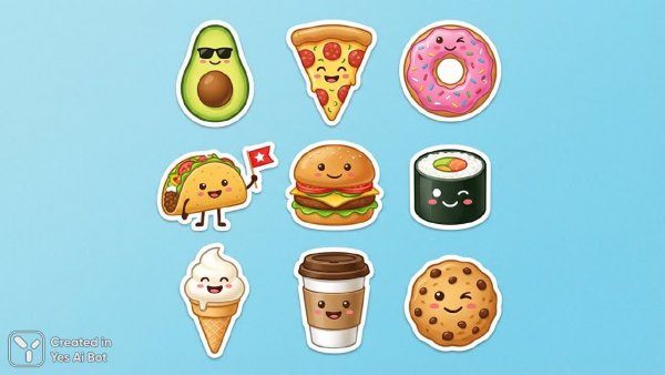 Веселые наклейки: аппетитный мир еды в стиле минимализм. Картинка из нейросети NanoBanana