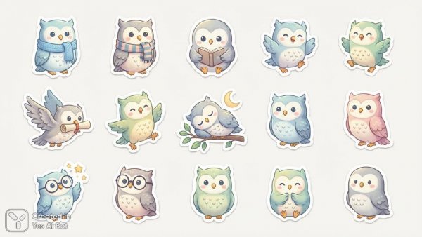 Милые совы: минималистичная коллекция векторных стикеров в пастельных тонах. Картинка из нейронной сети Nano Banana