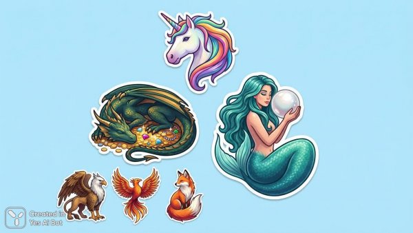 Мифические существа: набор минималистичных стикеров в стиле 2D. Нейронная сеть Nano Banana