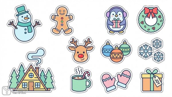 Милые новогодние стикеры в минималистичном стиле для зимнего настроения. Генерация из нейросети Nano Banana