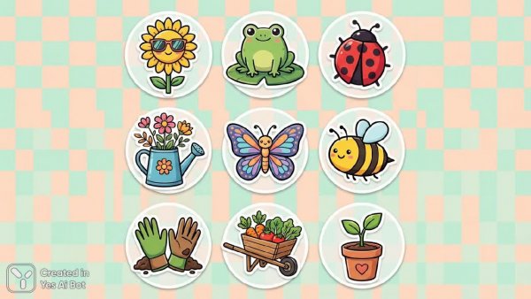 Очаровательные наклейки: весенний сад в стиле минимализм и векторной графики. Изображение из нейронной сети Nano-Banana