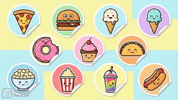Весёлые наклейки: аппетитный мир еды в стиле минимализм. Изображение из нейросети NanoBanana