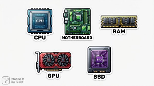Иконки компьютерных компонентов в стиле минимализм и векторной графики. Картинка из нейронной сети NanoBanana