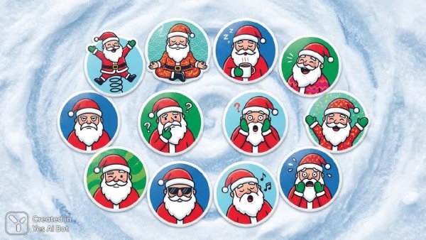 Веселая новогодняя компания Санта Клаусов: коллекция эмоций в стиле минимализм. Нейронная сеть Nano Banana