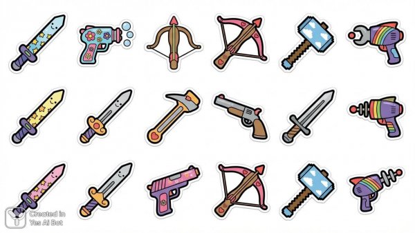 Игривые иконки оружия: минималистичный векторный набор в стиле 2D. Генерация из нейросети Nano-Banana