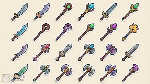 Фэнтезийное оружие: минималистичный векторный набор стикеров для дизайна. Изображение из нейросети Нано Банана