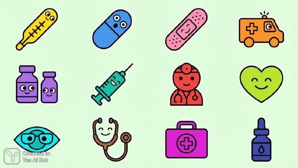 Игривые медицинские иконки: минимализм и яркие цвета для вашего проекта. Изображение из нейросети Нано Банана