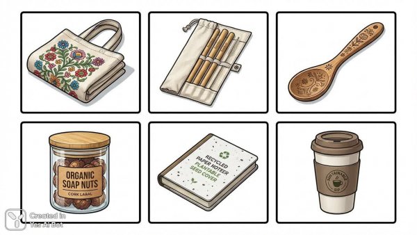 Экологичные товары: шесть уникальных стильных макетов в минималистичном стиле. Нейронная сеть NanoBanana