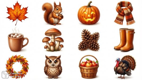 Осенние иконки: листья, тыквы и уютные мелочи для интерфейса. Картинка из нейронной сети Нано Банана
