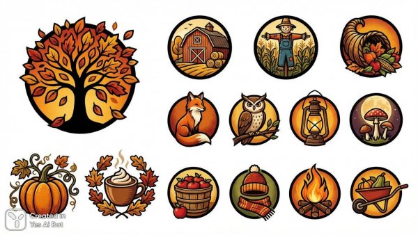 Осенняя коллекция логотипов: красота природы и урожая в векторном стиле. Нейросеть Nano Banana