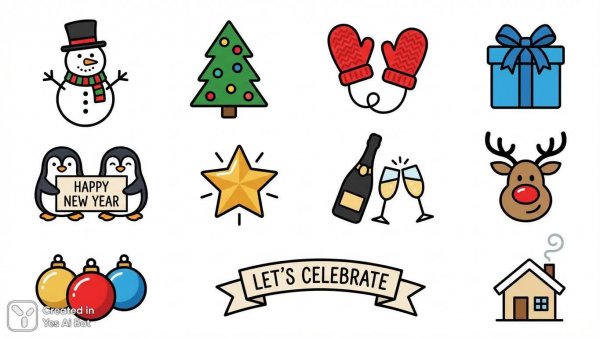 Новогодние наклейки: минимализм и радость праздника. Нейронная сеть NanoBanana