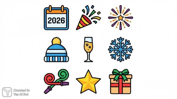 Новогодние иконки: минимализм и яркие цвета в стиле векторной графики 2026. Изображение из нейросети Нано Банана