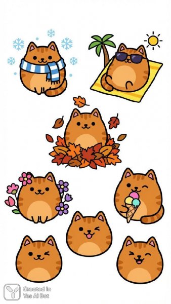 Пusheen Cat: Стильный набор минималистичных наклеек для разных сезонов. Нейросеть Нано Банана