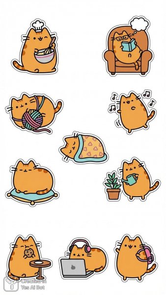 Милые стикеры с рыжим Пушином: минимализм и повседневные радости. Генерация из нейросети Nano-Banana