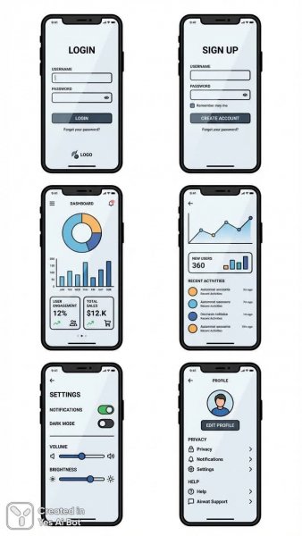 Мобильный интерфейс: 6 стильных макетов в стиле минимализм и векторной графики. Картинка из нейронной сети Нано Банана