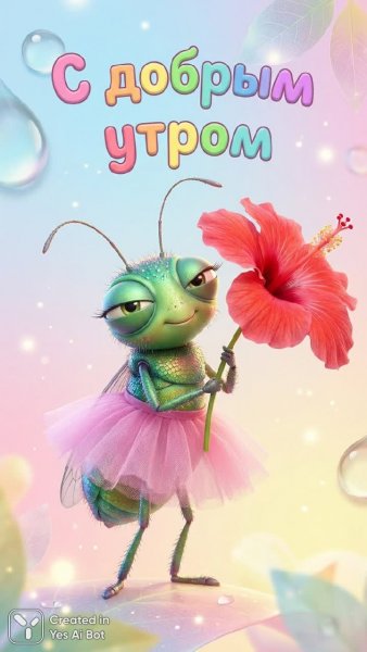 Утро с очаровательным зеленым насекомым в розовом тюфлеке и красным цветком гибискуса. Нейронная сеть Nano-Banana