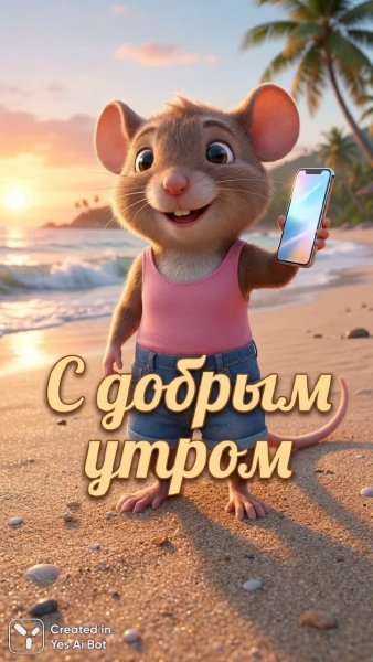 Утро на пляже: милый мышонок и его смартфон. Нейросеть Нано Банана
