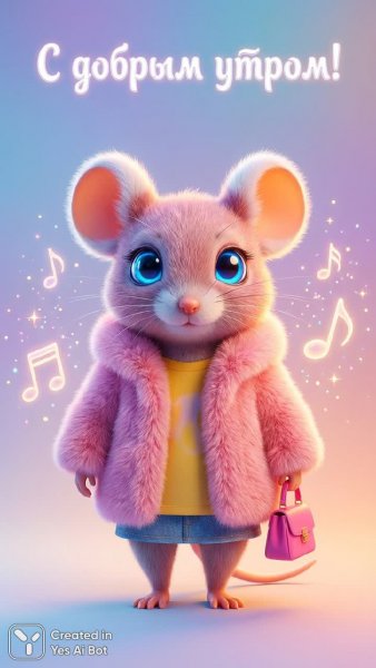 Утренний мультяшный мышонок в футуристическом стиле и ярких красках. Нейронная сеть Nano Banana