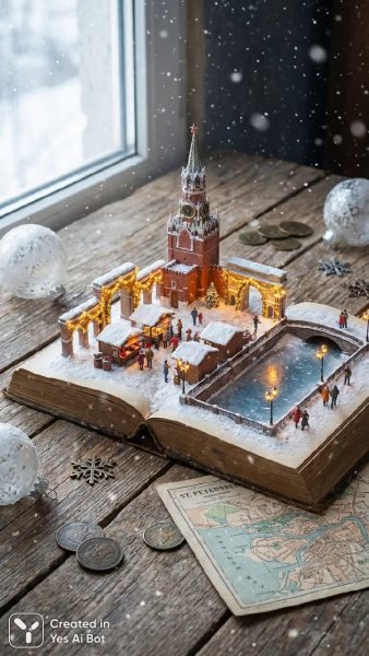 Московская Манежная Площадь: Волшебная Зимняя Миниатюра в Старинной Книге. Изображение из нейросети Nano Banana