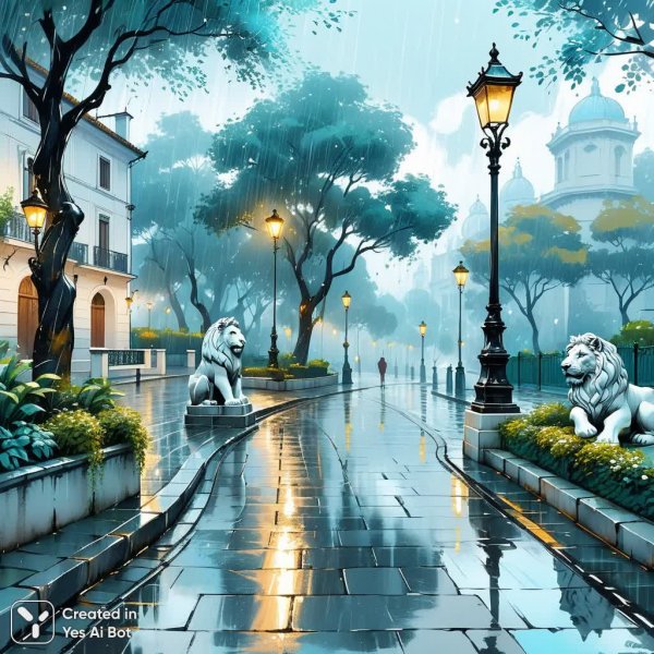 Дождливый город в стиле ретро: нежные пейзажи и каменные львы. Генерация из нейронной сети Stable Diffusion