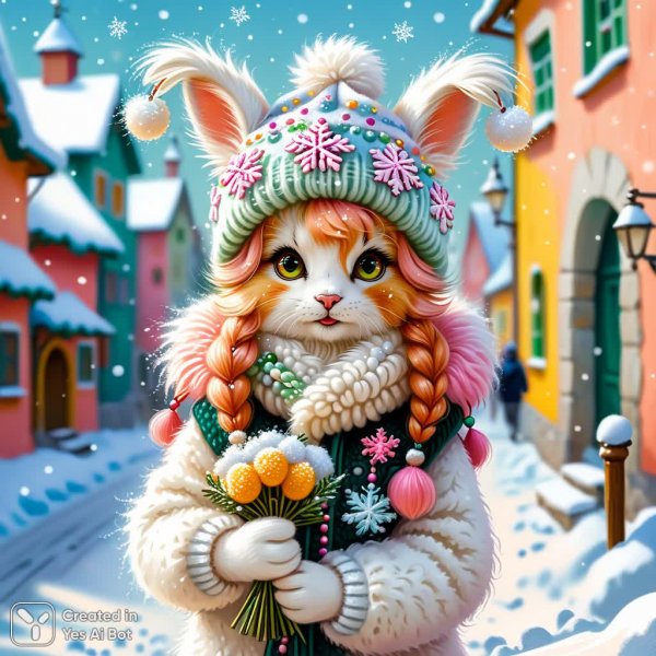 Заснеженная девушка с пушистым мехом и забавной шапкой в зимнем городе. Генерация из нейронной сети Stable Diffusion