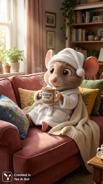 Утреннее настроение: милый мышонок в розовом царстве. Нейросеть NanoBanana