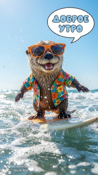 Задорный выхухоль на волне: летнее настроение и яркие краски океана. Генерация из нейросети Nano Banana