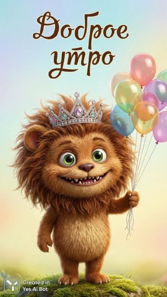 Утреннее чудо: очаровательный зверь с воздушным шаром и короной. Нейронная сеть Nano-Banana