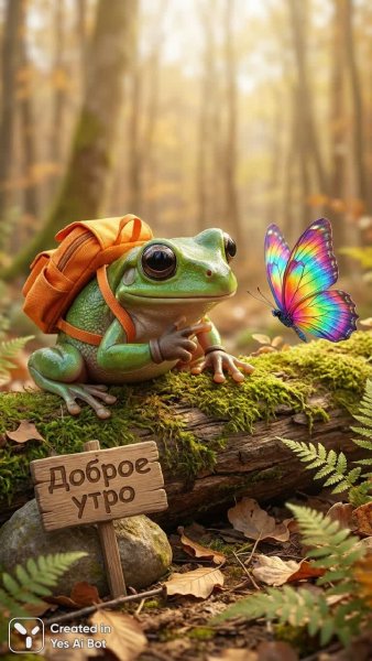 Лягушонок и бабочка: утреннее чудо в сказочном лесу. Нейронная сеть Nano-Banana