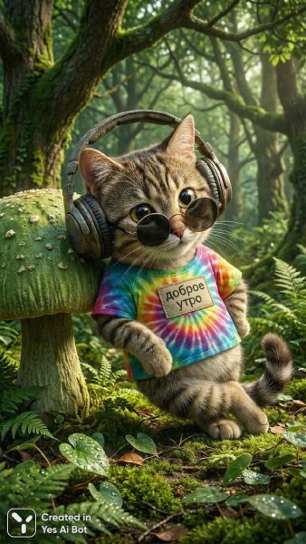 Кот в наушниках встречает утро в сказочном лесу. Картинка из нейронной сети Nano-Banana