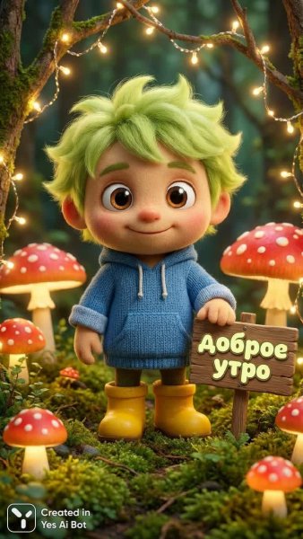 Утро в сказочном лесу: милый персонаж встречает новый день. Картинка из нейронной сети Нано Банана