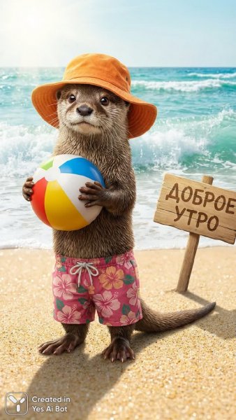 Утреннее настроение: озорной выхухоль на солнечном пляже с мячом. Картинка из нейросети Nano-Banana
