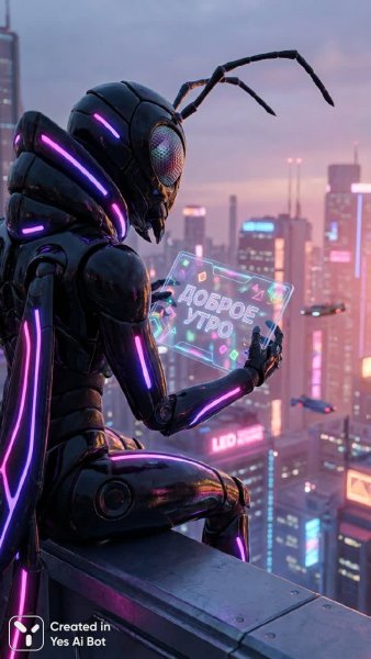 Утро в неоновом городе: кибернетический жук и голографическое искусство. Нейронная сеть NanoBanana