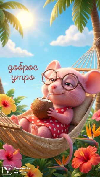 Милый мышонок в тропиках: беззаботное утро под пальмами и ярким солнцем. Картинка из нейронной сети NanoBanana