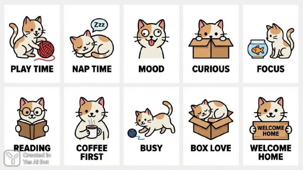 Десять милых инфографик с котиками в стиле минимализм и векторной графики. Нейросеть NanoBanana